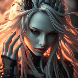 closeup portrait of cyborg queen of sentient parasitic flowing, white skin，beautiful，long hair blowing in the wind，hyper details, black metal style, Art by, caravaggio, greg rutkowski,giger, trending on artstation, beautifully lit, hyper detailed, elite, elegant, luxury, ray of light through smoke, trending on CGsociety, hypermaximalist, golden ratio, neofuture, volumetric, octane render, weta digital, micro details, 3d sculpture, Hand Outside Frame