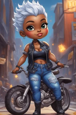 create an expressive oil painting illustration of a chibi cartoon voluptuous black female wearing a blue jean outfit with biker boots. Prominent make up with hazel eyes. Extremely highly detail of a very low platinum blonde pixie haircut. Background of a bike show.