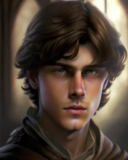 young noble swordman short brown hair photorealistic