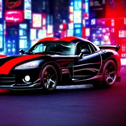 realistic black dodge viper; in an alternate universe in tokyo; cyberpunk; rain; neon signs