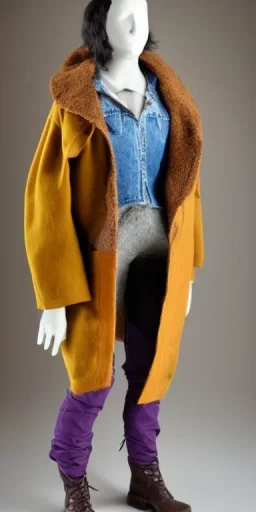 Image shows wholly a young fleshy Brunette woman. average body type. Mantle is sewed of recycled Denim and sewed together of camouflage pieces. Camouflage colors are orange,terracotta, cream and purple. Cream latex gaiter. More yellow(Munsell)!!!Big bright purple/khaki felt tippet and cream or blue or lilac colored-hood. mantle is merged with satchel. . AKG-style headphones (gold rings!) is merged with small felt cap with small visor. Style: Haute Couture in 1936, Paris fashion in 2023.