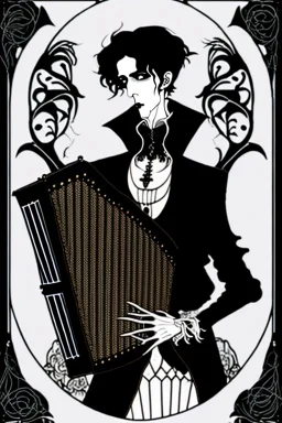 goth male necromancer with black hair playing a concertina in the style of Aubrey Beardsley