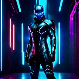 Masked male cybernetic warrior in a tight bodysuit, stealthy, large masculine bulge, impressive crotch, futuristic, ninja, high-tech, augmented, bionic, shadows, neon-lit, mysterious, haunting, dystopian, hidden in shadows, enigmatic, desolate, cyberpunk, eerie, post-apocalyptic background