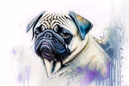 Pug, portrait by Willem Haenraets, watercolor, wet on wet and splattering techniques, centered, perfect composition, abstraction, surrealism