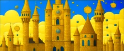 A yellow castle with clocks in daylight painted by Georges Seurat