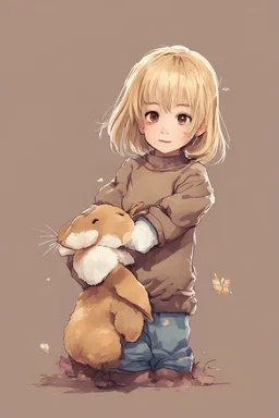 full color anime - a tiny little blonde girl in shorts and a turtleneck sweater petting a brown rabbit - digital art by Rose Smells