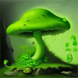 A lime green peak with mushrooms painted by Leonardo da Vinci