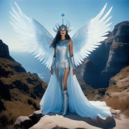 [a 35mm film photography: futuristic tableau of divine proportions.] At the cliff's edge, a woman of unearthly beauty and power stood, her alien features captivating all who beheld her. Adorned with four eyes and four wings, she exuded a mystical aura that defied mortal understanding. With skin as pure as the cosmos, she radiated an ethereal light, embodying the essence of divinity. In her four arms, she held the balance of creation and destruction, a deity poised at the threshold of possibility