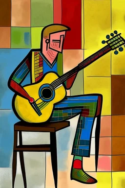 a jazz guitar player sitting on a stool in the style of Paul Klee
