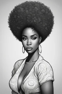 Create a coloring page of a beautiful curvy black female looking to the side with la curly afro. No shading, No color, define lines, clean lines