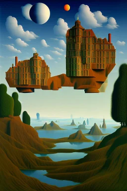 A surreal landscape with odd houses in René Magritte style