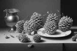 a realistic still life graphite drawing of pine cones in the classical style of Pieter Claesz, Jan Jansz. van de Velde and Anthonie Leemans