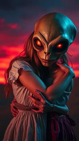 A beautiful girl hugging an ugly alien witgglowing eyes in background is a vivid red sky, and the lighting creates a dramatic and otherworldly atmosphere