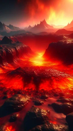 Lava lake in hell with land surrounding it, realistic close up