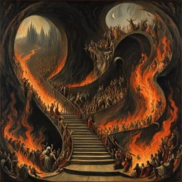 infinity stretch of apparitional souls descending down a winding staircase to an underworld realm of fire and lava flows and brimstone, sinister, profound, dramatic, and fantastical infernal atmosphere of Hades, matte oil painting by Bosch and Goya and Botticelli