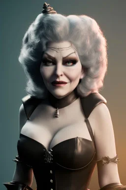 Mae West as evil queen in black leather, leather, busty, cleavage, angry, stern look. character design by cory loftis, fenghua zhong, ryohei hase, ismail inceoglu and ruan jia. unreal engine 5, artistic lighting, highly detailed, photorealistic, fantasy