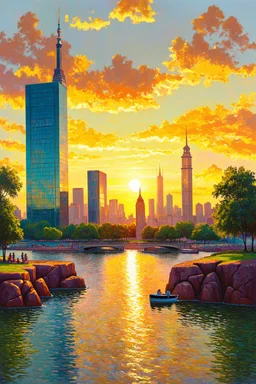 sunset, buildings, lake, rocks, city, park, trees, cyberpunk, distopic, sci-fi, claude monet impressionism paintings