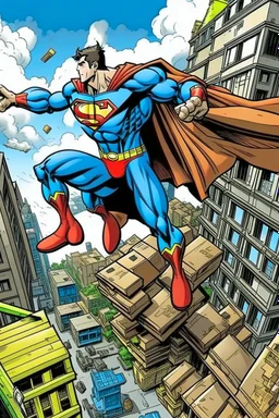 flying superman delivers pallets of goods by comics