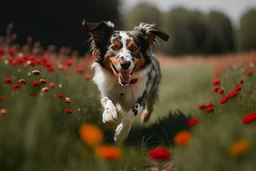 Aussie sheared running in a grassy field with some red and white flowers