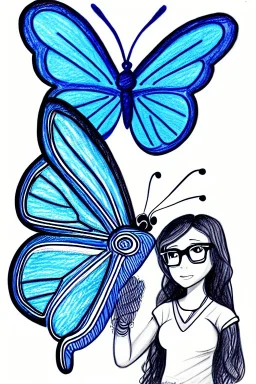 dibujo super bonito y detallado de una mariposa de los abismos en el fondo, aparece una adolescente con gafas y un perrete azul.