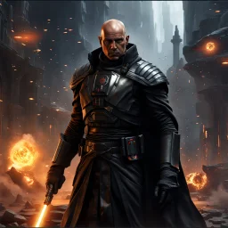 star wars bald male corellian pilot wearing pearlescent black and gunmetal grey First Order special forces heavy assault stealth commando armor and helmet with gold trim inside the jedi temple, hyperdetailed, dynamic lighting, hyperdetailed background, 8k resolution, volumetric lighting, light skin, fully symmetric details