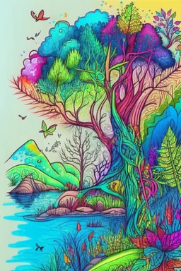 Nature doodle drawing, vivid colors