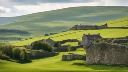 Beautiful landscape in the English Yorkshire Dales, hills, fields, rural buildings, stone walls, balance, chiaroscuro, peace, tranquillity, beautiful light and colour