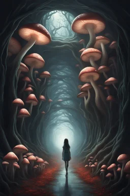 A surreal scene a tunnel-like structure filled with intertwined mushrooms trees , The tunnel is lined with countless writhing aliens bodies, creating a chaotic and nightmarish atmosphere. At the end of the tunnel, a solitary beautiful girl figure walks towards a distant light source, casting a glow that illuminates the scene. The overall color palette is muted with shades enhancing the ominous and unsettling mood. The level of detai