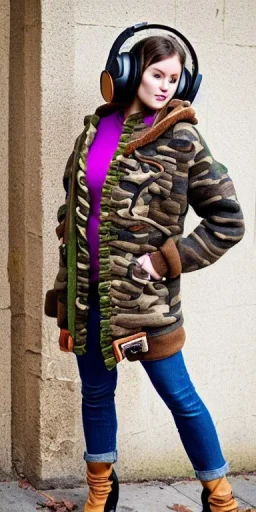 Brunette woman. average body type, think thighs and thick calves. Mantle is sewed of recycled Denim and sewed together of camouflage pieces. Printed camouflage figures are orange,terracotta, cream and purple. It is with big bright purple felt tippet and cream-colored-hood. mantle is merged with satchel. . AKG-style headphones (gold rings!) is merged with small felt cap with small visor. Style: Haute Couture in 1936, Paris fashion in 2023, inspired by street art. Cream latex gaiter.