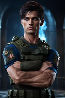 27 year old male with short dark hair and blue eyes standing with his arms folded, military, photorealistic, 4k, dark fantasy