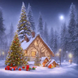 foto realistic winter house with a illuminated christmas tree and presents in the night