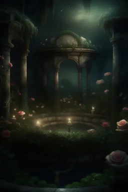 magical overgrown secret garden, roses, ivy, fountain, twilight, moon, stars dark tones, warm tones