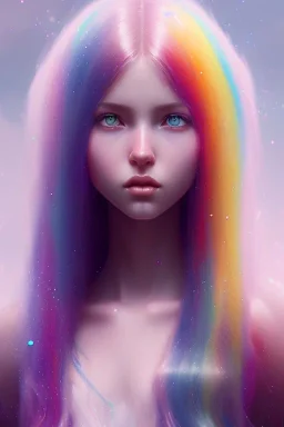 girl, cute, beautiful, long hair, rainbow hair, rainbow dress, close up portrait by Greg Rutkowski