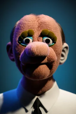 Waist up muppet Portrait, Vladimir Putin as muppet doll, Black suit, photo studio, blue background, unreal engine 5, concept art, art station, god lights, ray tracing, RTX, lumen lighting, ultra detail, volumetric lighting, 3d.