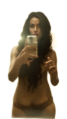 A realistic selfie-style self-portrait of a confident influencer aged arab18-37 in an urban setting, dressed in trendy sportswear or beachwear to showcase her slender figure. Her creative curly black hair shines under softbox lighting accentuating her flawless skin. The vintage camera shot with a macro lens introduces a charming bokeh effect. Every detail, from her complexion to body contour, is outlined for a high-quality image –ar 4:5 –testp –upbeta –octane.