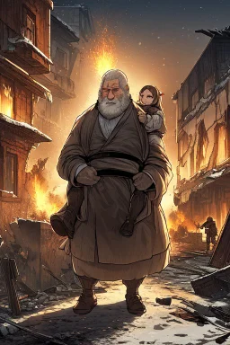 Palestinian old woman , Carrying a small girl ,at winter , Destroyed Buildings , with a Explosions, at night