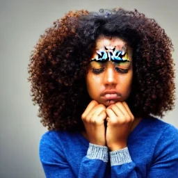 Crying girl, sad, expressive, emotive, frowning, furrowed eyebrows, pouting lips, African American, curly hair, looking out, blizzard