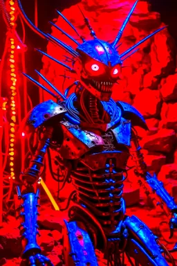 A seemingly sinister humanoid being made entirely of sharpened metal blades and spikes. It has glowing red eyes. The setting is a desert cave. The are impaled humans connected to an organic machine in the background. Photograph.