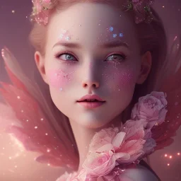 fairy, smiling, pink, green, beautiful, hyperrealism, masterpiece, expert, cinematic lighting, sharp focus, 8K, pastel, macro lens, woman, detailed, flower