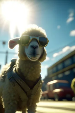 zoom shot on sheep ghost with sun glasses parachuting down to factory roof, bokeh like f/0.8, tilt-shift lens 8k, high detail, smooth render, down-light, unreal engine, prize winning, in the style of fallout 4 and gta 4