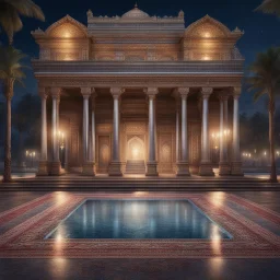 Hyper realistic detailed Outside historical indian palace with glass work on pillars with beautiful carpet & water fountain at night