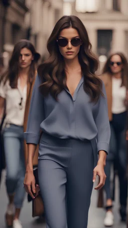 The fashion show walk onto the street. Realistic photo. Women mature size XL, wear an outfit. pants Brunettes, dark brown-haired women with slightly tanned skin and dark eyes are suitable for active and rich, deep colors. It can be indigo or rich ultramarine.