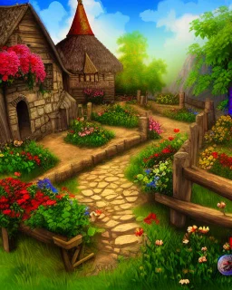 medieval fantasy village with flowers rpg art painterly