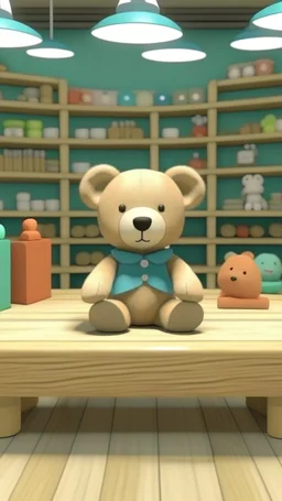 3d imge of teddy sit on table inside th middle of baby shop or baby store