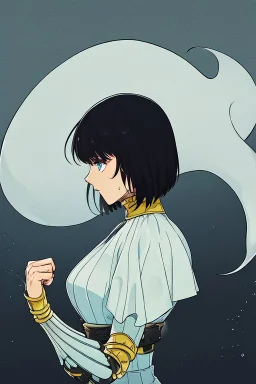 Motoko Kusanagi from "Ghost In The Shell (1995)", clad in medieval stell plate armour, alone, blue eyes, perfect, beautiful, black hair, in the style of 90-s anime, androgynous, melancholic, cold