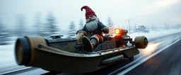 close up on gnome hit man with rocket boots in suit on a mech sled boat in winter wasteland, style of fallout 4, high speed with motion blur, on elevated road