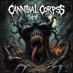 Chaos horrific, Carnivorous attack, Apocalyptic plight, Grotesque morbid threat, style by Arturo Souto, by Denis Forkas, unbalanced, offset, non-symmetrical surreal horror, genetic abrogation abomination, text "Cannibal Corpse" album cover aesthetic in a death metal font