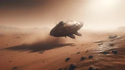 cinematic, a highly detailed spaceship flying over mars, image capturing the dynamic and implied movement, establishing shot, sand - storm, mars desert, peach light, movie still, Phantom High-Speed Camera style raw