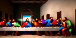 the last supper. jesus is wearing sunglasses . close up . sunflare