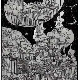 Village in the cosmos in Winsor McCay style and dr seuss style